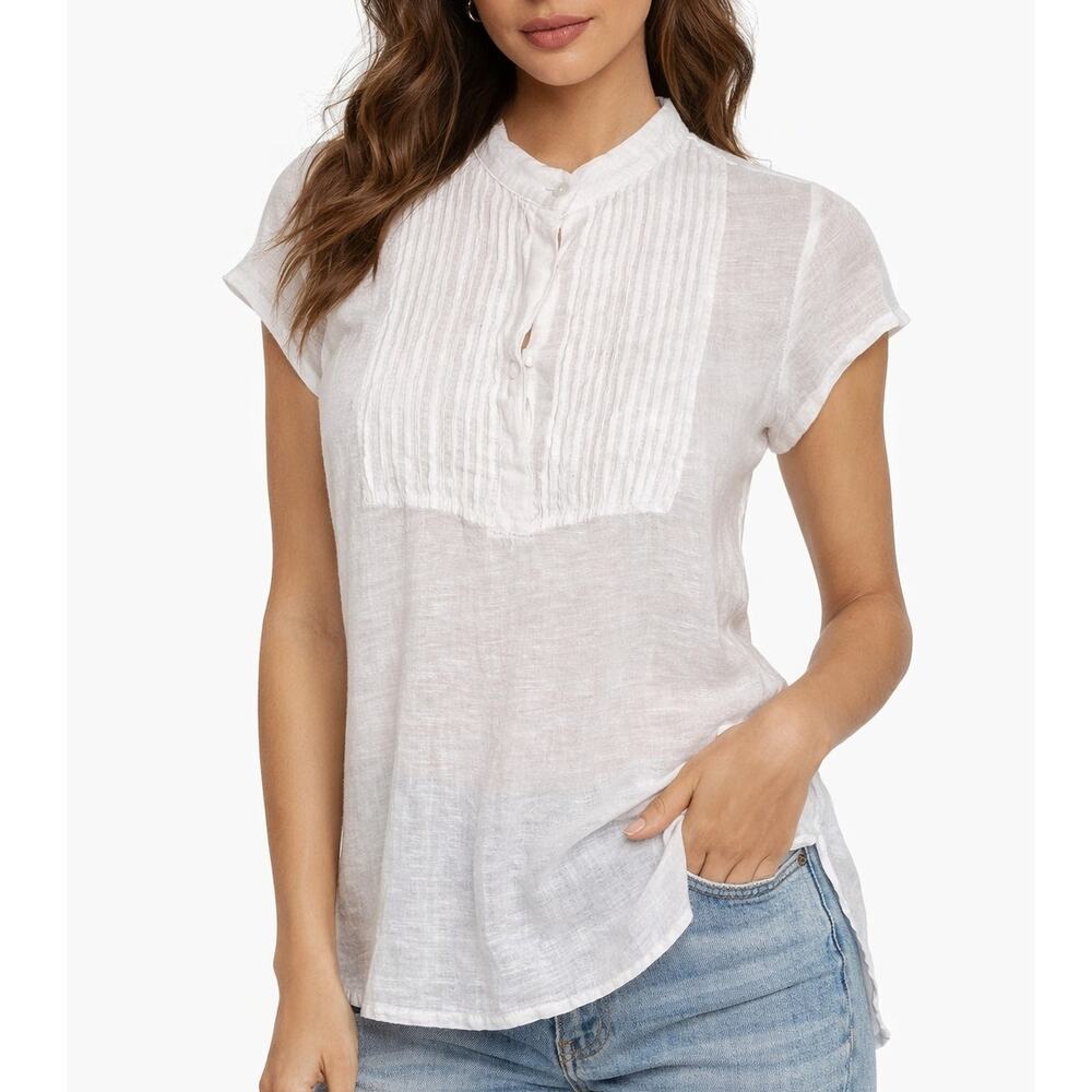 Majestic Filatures Womens White Linen Ruffle Bib Top Medium Sheer Breezy